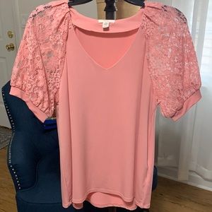 Pink lace puff sleeved v neck blouse